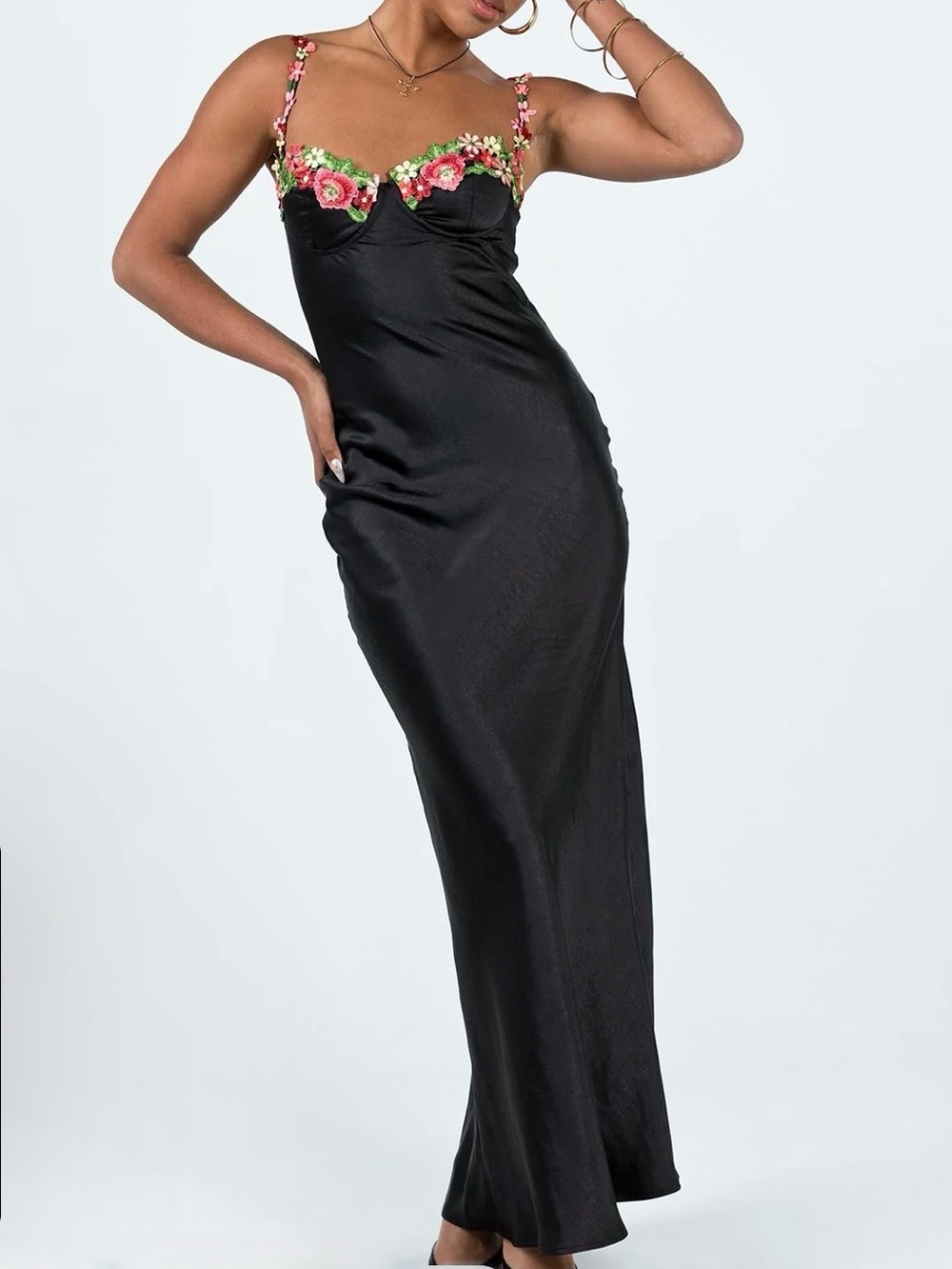 Princess Polly Black Strapless Slip Dress with Pink & Green Floral Embroidery